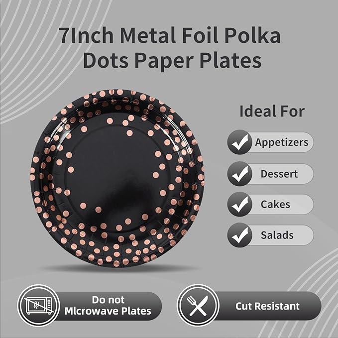 Black and Rose Gold Paper Plates and Napkins Party Supplies,25 x 7''Dessert Plates & 25 x 6.5''Napkins & 25 x 6.3''Forks,Disposable Paper Tableware Set for Birthday,Anniversary,Retirement(Serve 25)