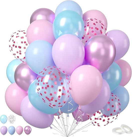 Pastel Pink Blue Purple Balloons, 50pcs Metallic Pearl Latex Balloons Birthday Balloon for Girls Birthday Decoration Baby Shower Party Supplies