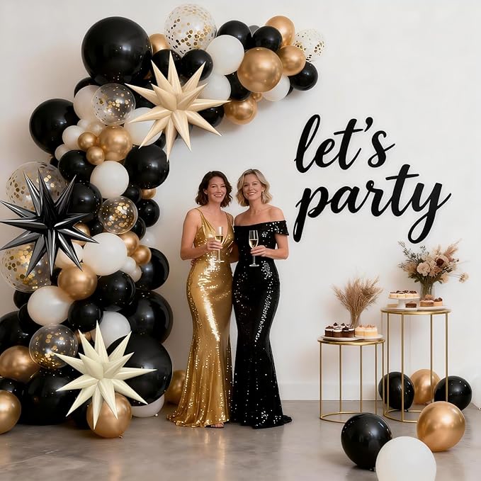 Black White Gold Balloons Arch Kit,Black Beige Sand White Chrome Gold Confetti Balloons Garland Kit with Exploding Star Balloons for New Year Graduation Retirement Birthday Wedding Party Decorations