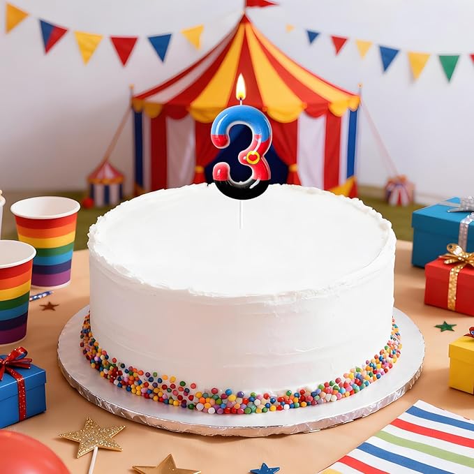Number 3 Birthday Candle for Cake – Red Blue Cartoon Hero Style with Heart Design – Cute Cake Topper for Birthday Party Decoration
