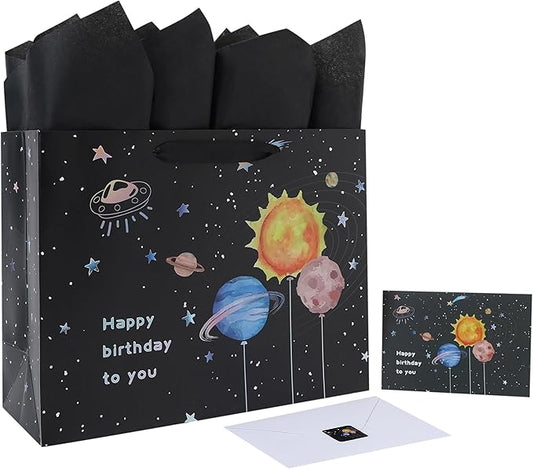 Qirrmiy 13” Large Space Birthday Gift Bag Set with Handles, Greeting Card, Black Tissue Papers and Stickers for Boys Teens for Baby Child, Kids‘ Birthday Party, Newborn, 1 Pcs