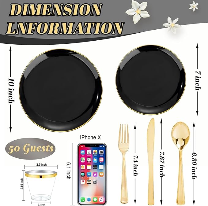 WDF 300PCS Black and Gold Plates - Black Plastic Plates for Party - 50 Guest Disposable Dinnerware Sets for Party/Wedding/Graduation/Memorial Day