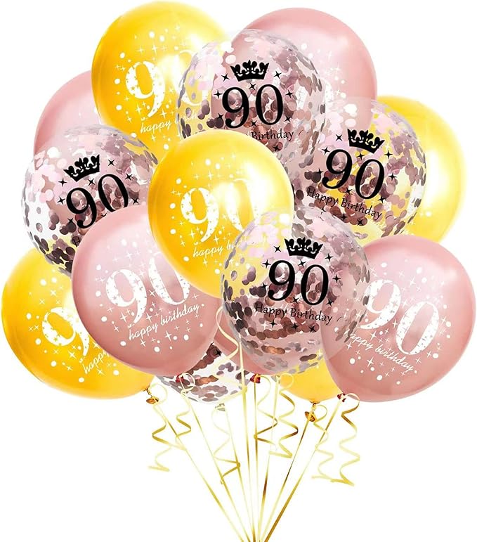 SHUNTAI 90th Birthday Balloons Rose Gold 90th Birthday Decorations for Women Her Latex Confetti Balloon 90 Year Old Anniversary Theme Happy Birthday Party Supplies 15 Pack 12 Inch