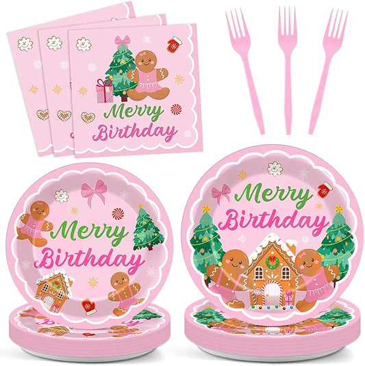 96 Pcs Gingerbread Birthday Party Plates Napkins Tableware Set Pink Christmas Party Supplies Disposable Dinnerware Merry Birthday Decoration Favors for Winter Xmas Baby Shower Holiday, 24 Guests