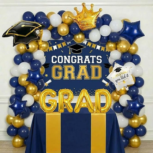 Navy blue White Gold Balloon Garland Arch Kit with backdrop Stars Graduation Cap crown GRAD Letters Mylar Balloons for 2026 graduate Prom Decorations