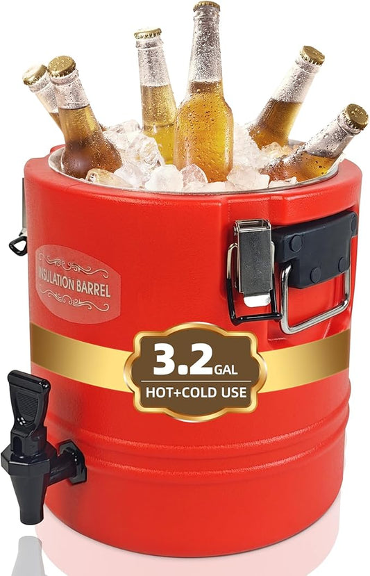 12L Insulated Barrel, 3.2 Gallon Ice Bucket, Leakproof Hot & Cold Drink Dispenser with Spigot, 304 Stainless Steel Liner, Portable Water Cooler for Camping, Party, Coffee Bar, Picnic