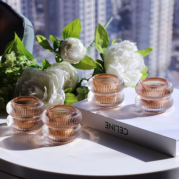Woho Ribbed Votive Candle Holders Set of 6 for Wedding Table, Amber Tealight Candle Holder Glass for Home Decor, Vintage Tea Lights Candle Holder for Thanksgiving/Fall Decor(Brown, 2.1" H X 2.75" D)