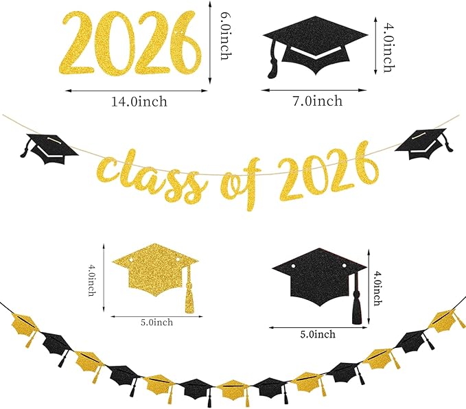 Black Gold Party-Decorations Graduation Banner-Streamers - 18pcs Kits Class of 2026 Garland, Paper Tissue Pom Poms Fan, Honeycomb Lanterns Congrate Grad Congratulations Decor Panduola