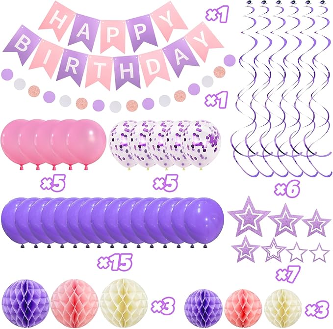 ZERODECO Birthday Decorations, Easy to Assemble Purple Happy Birthday Banner with Honeycomb Ball, Balloon, Hanging Swirl Streamer, Garland, Happy Birthday Party Decorations for Women Girls Kids