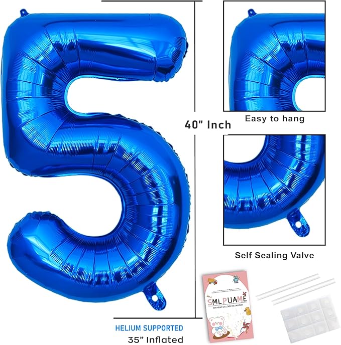 40 Inch Navy Blue 5 Balloon for 5th Birthday Party, Blue Five Number Balloon 15 25 35 45 55 65 Birthday Decorations for Boys Girls Men Women, Helium Giant Foil Number 5 Balloon