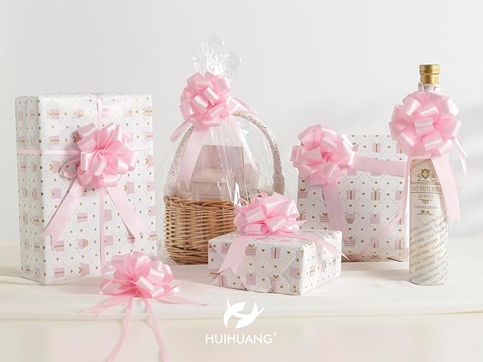 HUIHUANG Pink Pull Bows 12 PCS Light Pink Bow 4 inch Satin Gift Bows for Gift Wrapping, Presents, Gift Basket, Paper Bag, Baby Shower Favors, Wrapping Accessories, Wedding Christmas Decor