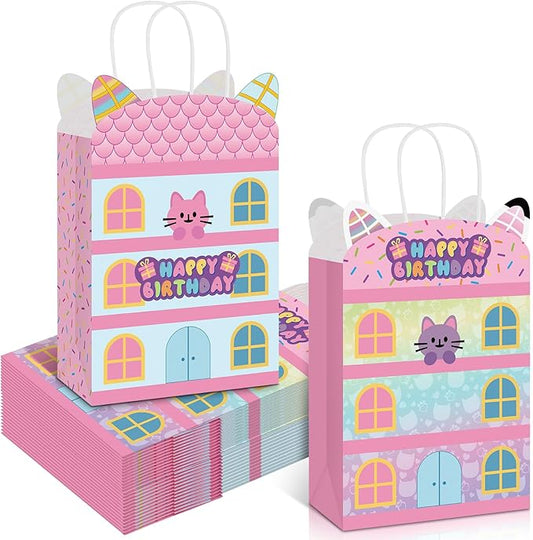 Czlotyh 24 PCS Pink Doll House Gift Bags Cute Kitty Paper Treat Bags Cartoon Cat Candy Snack Goodie Bag for Children's Birthday Party Favors Pet Parties Baby Shower Decorations Supplies