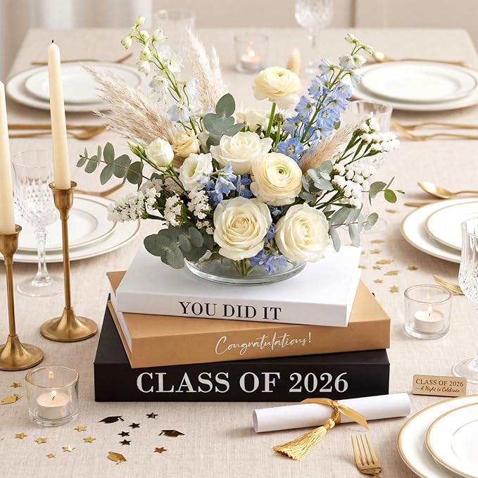 Threehoney 3 Pcs Graduation Table Centerpieces Class of 2026, Graduation Book Centerpiece Congratulate Grad Decoration Decorative Book Storage Box Table Home Party Decor(Black, White, and Yellow)