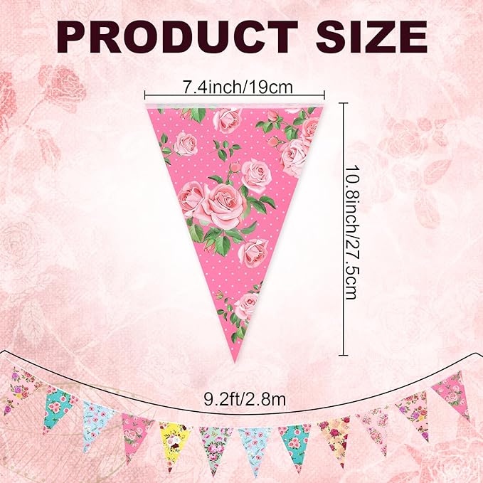 72 Pcs Vintage Floral Paper Bunting Banner Garland Bandana Pennants Outdoor Bunting Banner for Tea Party Decorations Flower Garden Yard Baby Shower Bridal Wedding Party Decorations