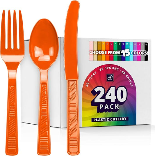 DecorRack Plastic Cutlery Set, Orange Colored Plastic Silverware Sets for Parties, 240 Piece Bulk Heavy Duty Utensils (Orange, 240 Pieces)