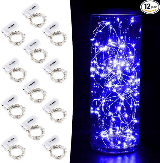 CYLAPEX 12 Pack Fairy Lights Battery Operated 7ft 20 LED Mini String Lights Silver Wire Firefly Starry Moon Lights for Halloween Wedding Mason Jars Party Christmas Centerpiece Table Decorations, Blue