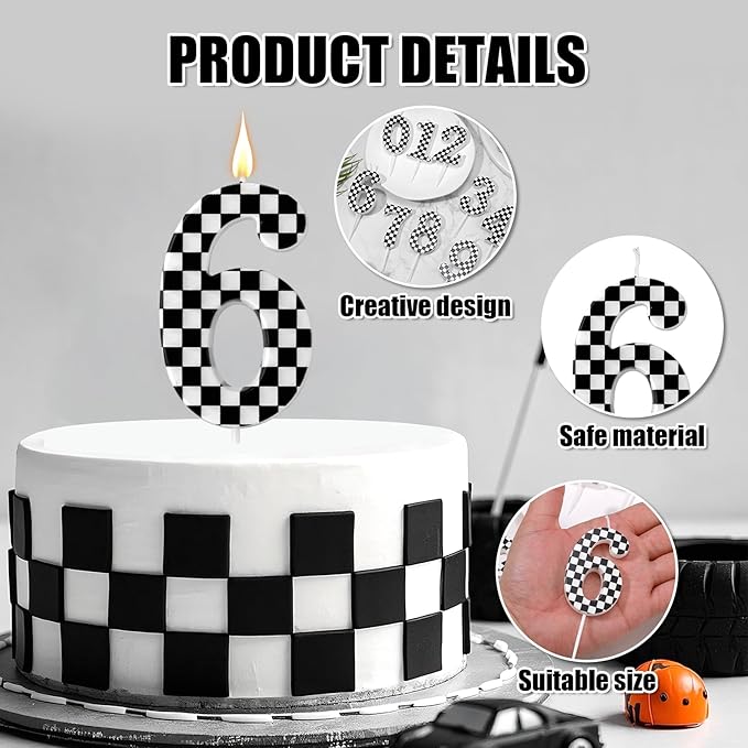 Racing Cars Themed Birthday Candle, Checkered Flag Number Candles Black and White Candles Happy Birthday Cake Topper Party Decorations for Boys Racing Cars Themed Party Supplies (Number 6)