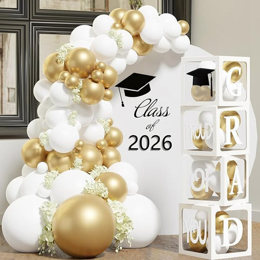 Graduation Decorations 2026,4 Pcs Transparent Balloon Boxes with Letters of GRAD,PROUD OF YOU,Class of 2026 and 130pcs White Gold Balloons Arch for High School College 2026 Grad Party Supplies