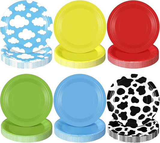 Funnymoom 60 Pcs 7 Inch Toy Inspired Paper Plates Cow Pattern Cloud Plates Decorations Yellow Red Blue Green Disposable Dessert Dish for Party Farm Themed Birthday Party Supplies
