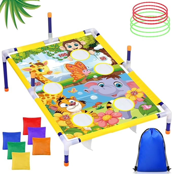 Leitee 2 in 1 Bean Bags Toss Game Animal Cornhole Bean Bags Ring Toss Game Kids Cornhole Games Set Party Carnival Games Toys Gifts Birthday Games Ideal Birthday for Ages 4-8 Toddlers