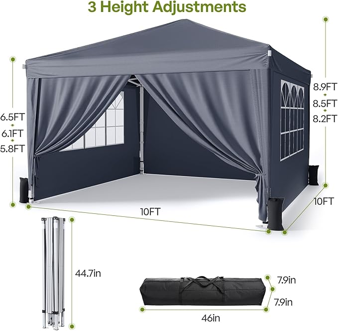 10x10 Pop Up Canopy with Sidewalls, Instant Portable Canopy Tent with Carry Bag for Commercial Events, Camping, Parties - Dark Grey