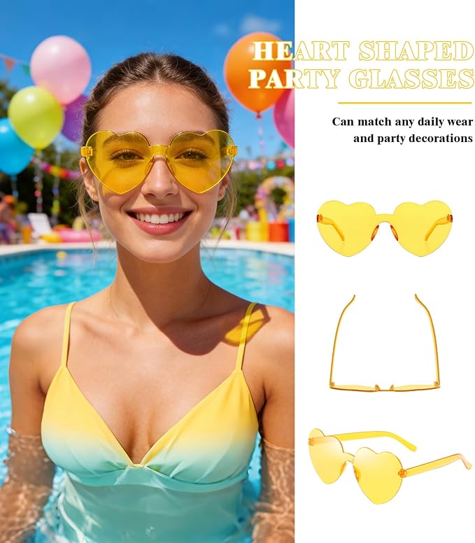 Matcheck 48 Pack Heart Rimless Sunglasses Frameless Colored Party Glasses Transparent Fun Eyewear for Adult