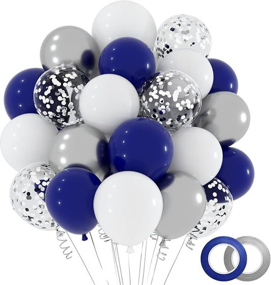 NACHLYNN 60 Packs Navy Blue Party Confetti Balloons 12 Inches Birthday Balloon for Baby Shower Birthday Blue and White Graduation Party Decorations