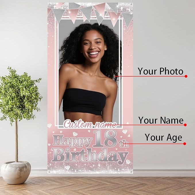 Personalized Happy Birthday Door Banner with Photo Custom Name Birthday Decorations Party Supplies for Women Men (Rose Pink)