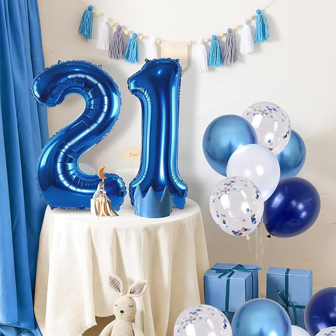 Foil Number Balloons 21, 40'' 21st Birthday Balloon with Pastel Navy Dark Blue Silver Confetti Helium Balloon, Self Inflating Big 21 Balloon Number for Men Birthday Party Anniversary Decor Supplies