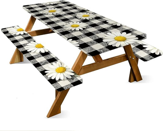 ANNA QUEEN 6FT Chrysanthemums Spring Picnic Table Cover with Bench Covers Picnic Table Cover Set 3PCS 72"x30", Waterproof Outdoor Bench and Tablecloth Furniture Protection for Camping Beach BBQ