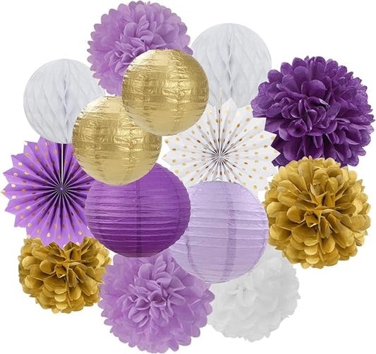 Purple-Gold Party Decorations Streamers Lanterns - 14pcs White Lavender Paper Fan Graduation Woman Birthday Wedding Bridal Shower Tissue Pom Poms,Honeycomb Balls Valentines day Decor Ouruola