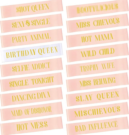 Zeyune 18 Pcs Birthday Queen Sashes Set for Women Happy Birthday Sash for Queen Party Favors (Rose Gold, White)
