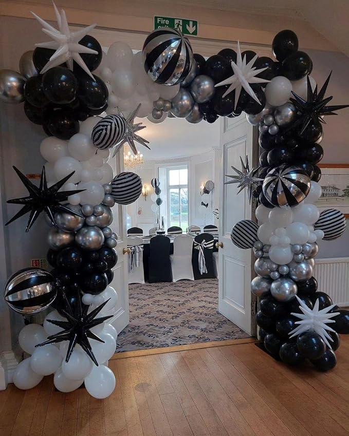 Black and Silver White Balloon Arch Kit, 140Pcs Explosion Star Black and Silver White Balloon 22 18 12 10 5 Inch Different Size Balloons for Birthday Anniversary New Years Party Decorations