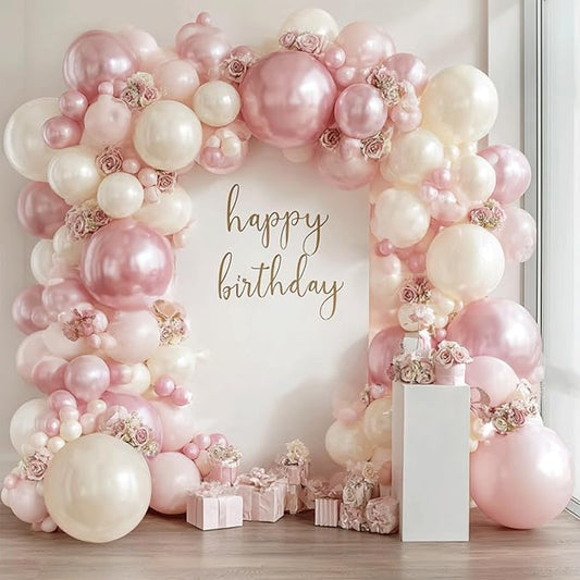 Pink and White Balloons Arch Kit,Double Stuffed Pearl Light Pink Metallic Pink Balloon Sand White Beige Ivory Balloons Garland Kit for Birthday Wedding Valentine's Day Bridal Shower Party Decoration