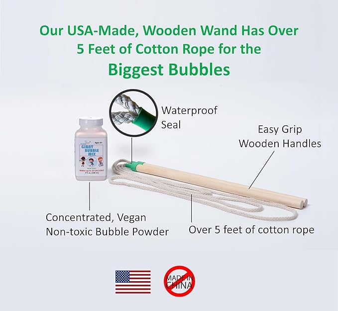 | Made in USA | Includes Two Wooden Wands, a Tips/Tricks Booklet, and 1 Large Bottle of Bubble Mix - Makes Gallons of Big Bubble Solution for Parties and Fun (Party: 2 Wands and Large Mix)