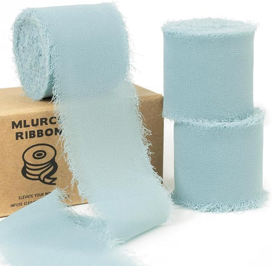 Haze Blue Chiffon Ribbon - 1-1/2 Inch x 21 Yards Handmade Fringe Silk Ribbon for Gift Wrapping, Wedding Invitations, Bridal Flower Bouquets
