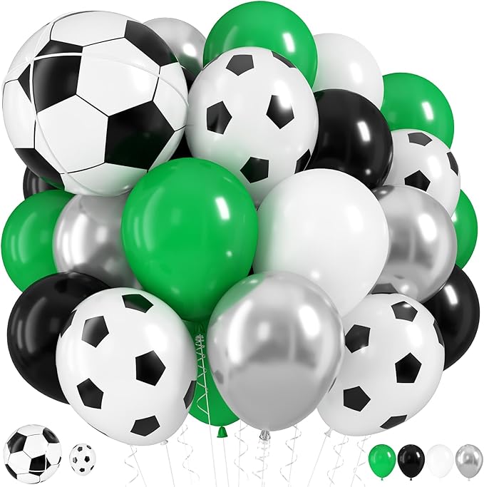 Soccer Balloons, 12 Inch Green Black White Metallic Silver Latex Balloons with Soccer Ball 4D Foil Balloon for Boys Kids Sport Theme Birthday Decorations Football Lover Men Party Baby Shower Decor
