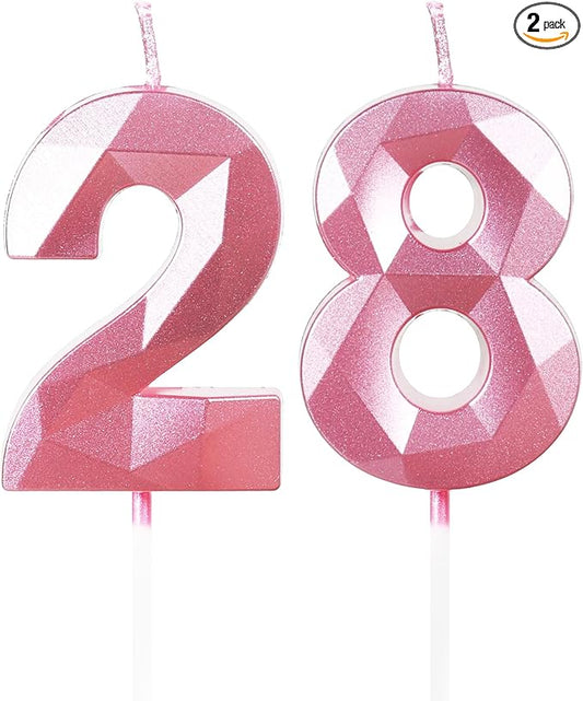 28th Birthday Candles,Number 28 Candles,Pink Happy Birthday Candle for Cake,3D Design Cake Topper Decorations for Women Men Birthday Party Wedding Anniversary Celebration Supplies