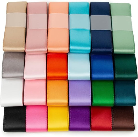 Satin Ribbon 1 Inch x 48Yds Assorted Colorful Wide Bulk Ribbon Pack, Double Faced Satin Ribbon Set, Thick Silk Fabric Ribbons for Crafts, Flower Bouquet, Christmas Gift Wrapping, Hair Bows