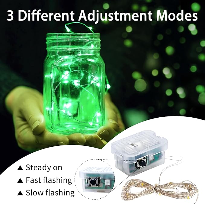 100 Pack Green Fairy Lights 7Ft 20 LED Twinkle String Lights 3 Modes Battery Operated Waterproof Firefly Starry for Mason Jar Table Centerpieces Halloween Christmas St. Patrick's Day