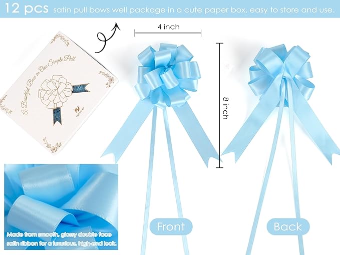 HUIHUANG Blue Bows for Gift Wrapping 12 PCS Baby Blue Pull Bows 4 inch Satin Gift Bow for Presents, Gift Basket, Paper Bag, Baby Shower Favors, Wrapping Accessories, Wedding Holiday Decor
