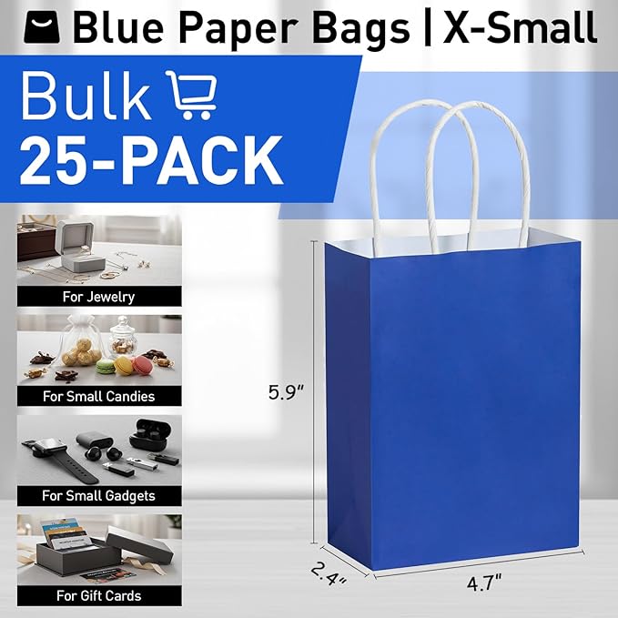 SUNCOLOR Mini Blue Gift Bags with Handles 25-Piece 6 Inch Goodie Bags for Party Favors, Graduations, Birthdays, Navy Blue