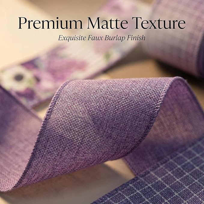 Spring Summer Purple Floral Wired Ribbon, 2.5 InchX 15 Yards Burlap Ribbon for Wreath, Bows, Gift Wrapping, Mother's Day, Wedding & DIY Craft (Purple)