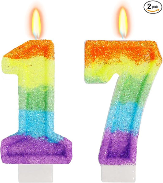 Rainbow Candles for Birthday Cakes, 17 Candles Cake Topper, Rainbow Birthday Party Decorations