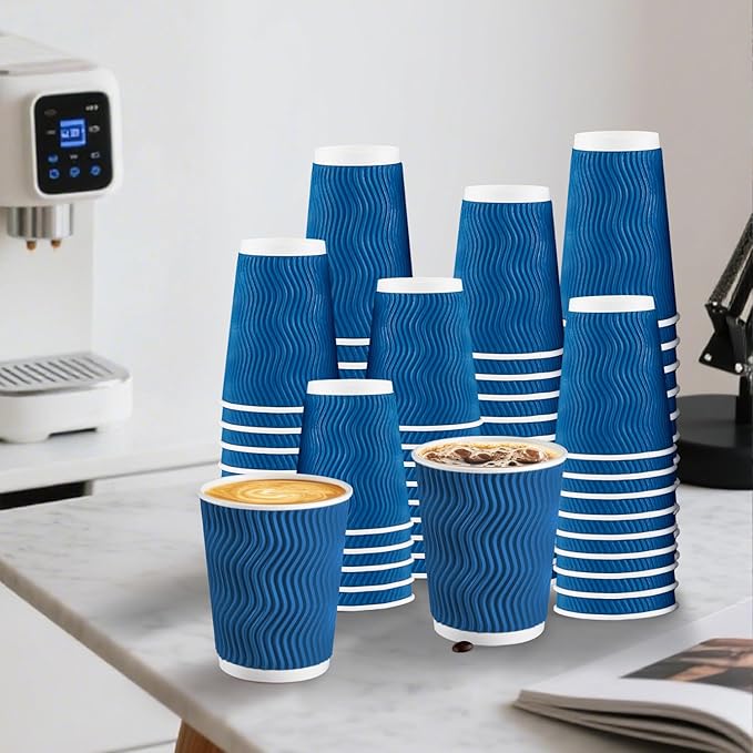 Lamosi 120 Pack 8 oz Disposable Coffee Cups, Insulated Corrugated Paper Cups, Kraft Ripple Wall Cups for Hot Beverage or Cold Drinks Office/Home/Party/Travel/Cafe (Navy)