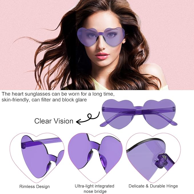 NACHLYNN 12 Pairs Purple Heart Sunglasses for Women Rimless Heart Shaped Sunglasses Candy Glasses for Party Favors