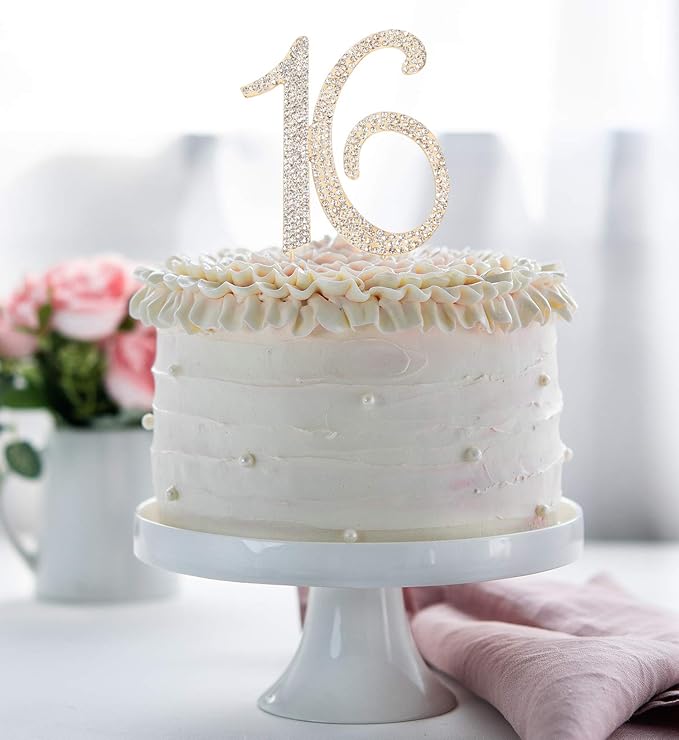Bling Crystal Rhinestone 16 Birthday Cake Topper - Best Keepsake | 16th Party Decorations Gold