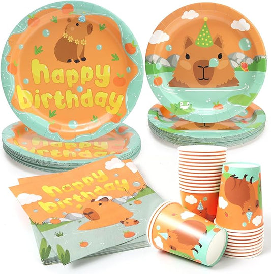 96Pcs Capybara Birthday Party Decorations, Cute Cartoon Capybara Paper Plates and Napkins, Cups Party Supplies Baby Shower Kids Birthday Party Supplies, Serves 24