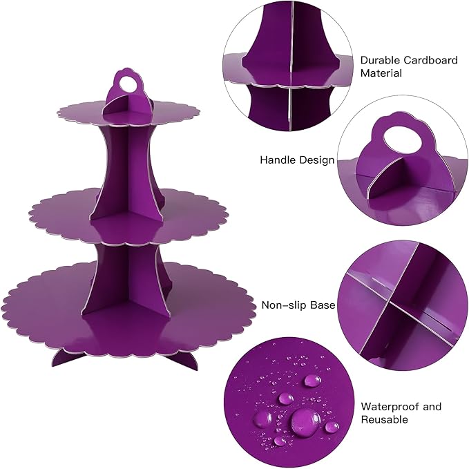 Soleebee 3-Tier Cupcake Stand, Cardboard Cupcake Tower, Dessert Cup Cake Stand Tower for Birthday Wedding Party Decoration, Cupcake Tier Stand 2 Set (Purple)