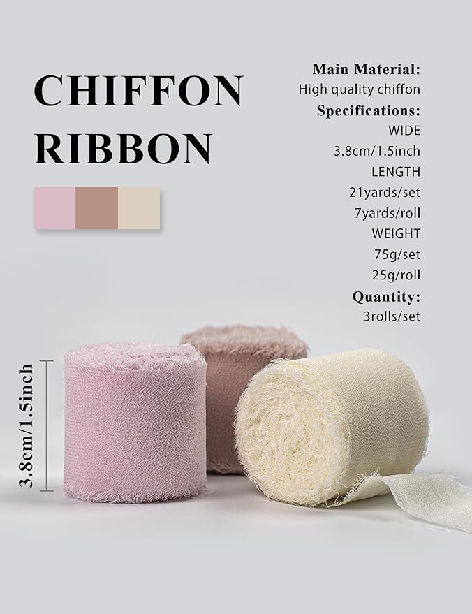 Chiffon Ribbon, Ivory White Pastel Pink Silk Ribbon, Engagement Wedding Shower Party Decorations, 1-1/2''x21Yd Handmade Frayed Fringe Ribbon for Wrapping, Floral Vase, Invitation Card, 3 Rolls